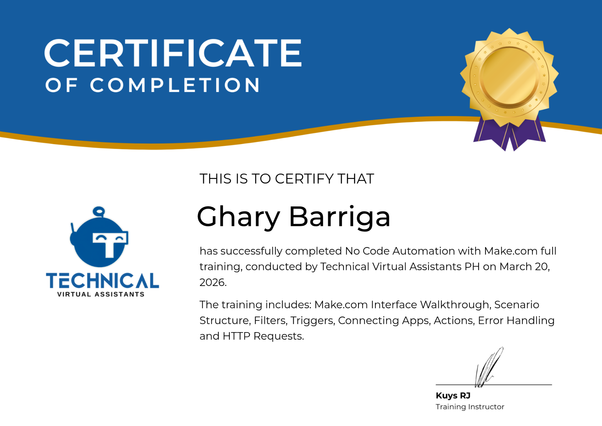 No Code Automation with Make.com certificate