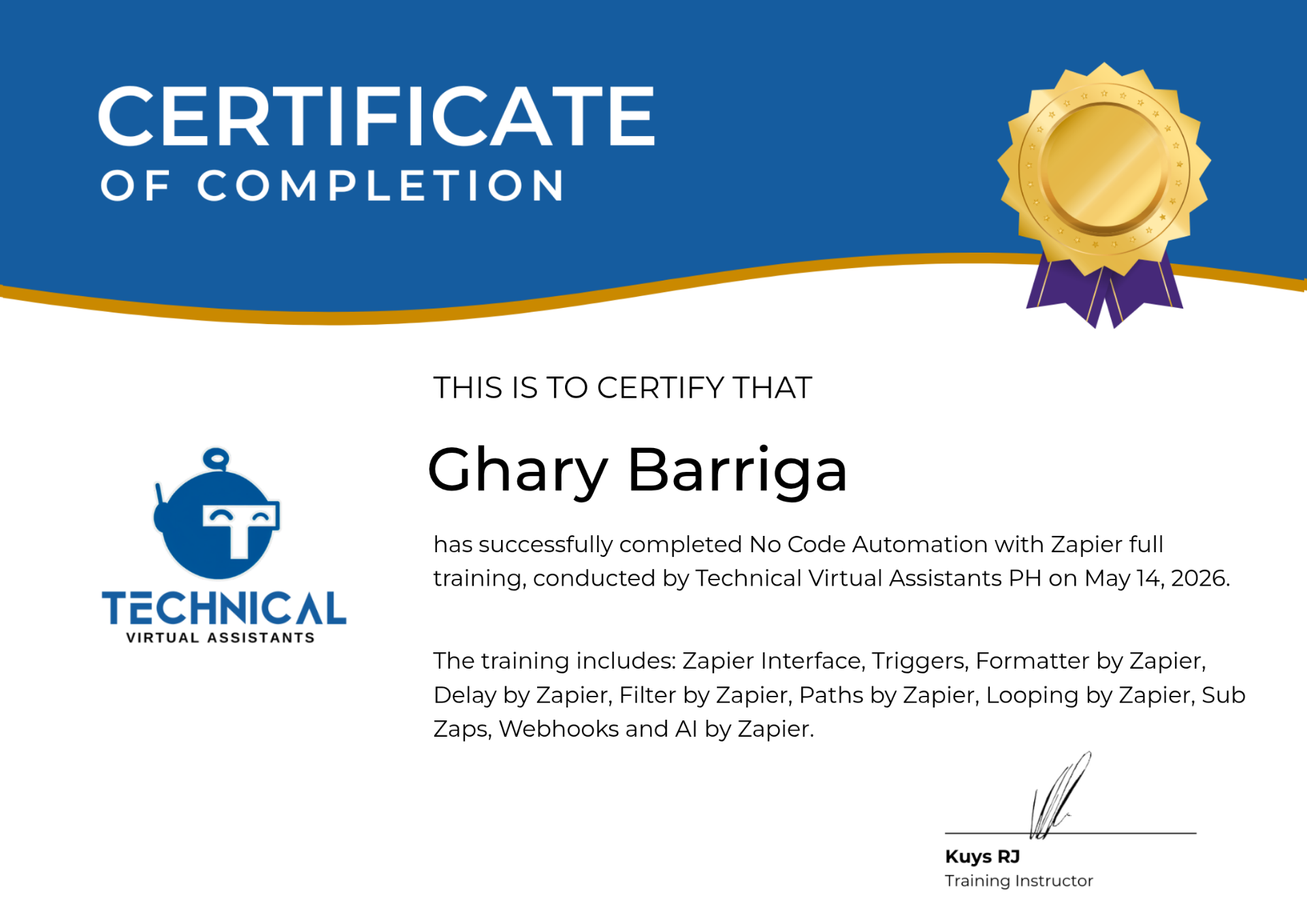 No Code Automation with Zapier certificate